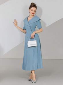 Modelyn Women's Solid Color Double-Breasted Short Sleeve Elegant Long Dress - Blue - View 2