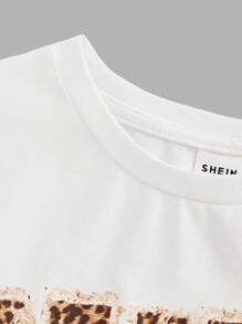SHEIN Tween Girls Casual Leopard Print Crew Neck Tight T-Shirt - White - View 4