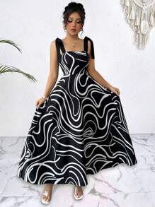 Selianne 女士黑白条纹蝴蝶结收腰中长度假连衣裙 - 黑與白 - 查看 4