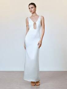 Chiquease Elegante abito in satin setoso simile alla seta, scollo a V profondo e senza maniche, elegante e sensuale abito da festa primaverile/estivo per donna - Bianco - Visualizzare 8