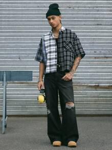 AXEPEAK Men's Casual Color Block Patchwork Plaid Shirt, Streetwear Ready - Multicolor - View 3