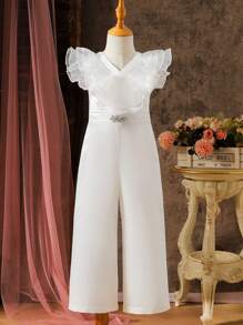 SHEIN Young Girl Elegant Party Ruffle Trim Rhinestone Decorated Jumpsuit - Multicolor - View 1