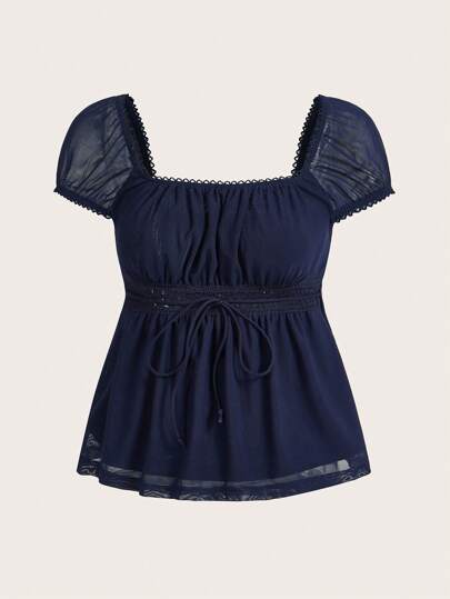 SHEIN MOD Summer Square Neck Knot Front Folds Peplum Navy Bow Rope Tee