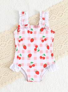 SHEIN Newborn One-Piece Swimsuit With Strawberry Plaid Print, Ruffle Trim & Bow Design, Cute