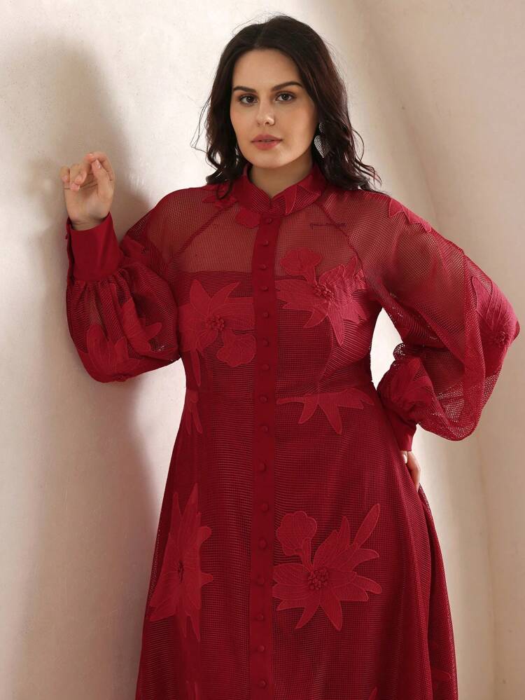 Ladies' Plus Size Mesh Fabric, Heavy Craftsmanship Embroidery, Elegant Wine Red Long Dress Mesh Dress, Spring Outfits For Women