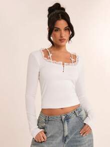 SHEIN BAE 女士白色纯色蕾丝拼布无袖蝴蝶结装饰甜美浪漫针织长袖 T 恤，适合春季、夏季、情人节、派对、约会之夜、伴娘、休闲装、生日 - 白色 - 查看 3