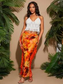 SHEIN SXY Falda informal de mujer con estampado floral de malla naranja, decorada con flecos, ideal para vacaciones de principios de primavera y playa