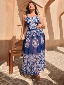 Swim Oasis Plus Size Women's Asymmetrical Print Asymmetric Spaghetti Strap One-Piece Swimsuit With Matching Long Fitted Skirt 2 Pieces Casual Summer Beach Vacation Swimwear Set