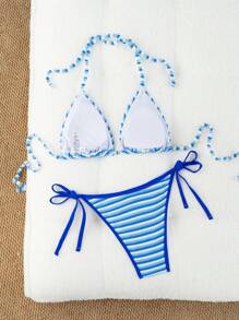 Swim Mod Bikini de ropa de baño con bordado floral y rayas para mujer, perfecto para vacaciones de verano en la playa - Multicolor - Ver 2