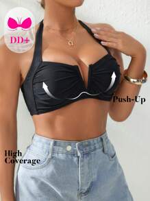 Swim DD+ Áo bikini hở lưng cổ chữ V màu đen cho nữ Spring Break DD, phong cách lễ hội Boho, cho kỳ nghỉ hè ở bãi biển - màu đen - Xem 3