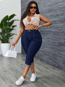 Slaydiva Plus Size Women Elastic Personalized Cuff Hem 3/4 Jeans - Blue - View 3