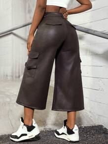 Pantalones capri de pierna ancha con diseño de hebilla ajustable de unicolor para mujeres - Marrón - Ver 2