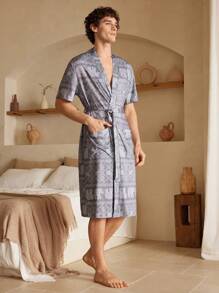 Men's Simple Fashion Casual Short Sleeve Robe - Light Grey - View 4