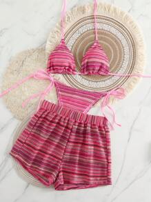 Swim Mod 3pcs Bohemian Style Crochet Drawstring Cover Up Skirt & Bikini Set, Swimwear Beach Clothes Outfit For Summer Beach Vacation - Pink - View 1