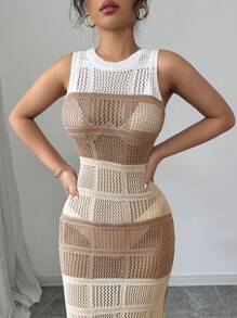 Elenzga Fashionable Sleeveless Hollow Out Crew Neck Knit Dress For Women