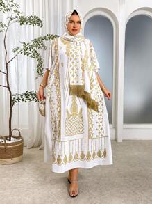 Al Najma Plus Size Women Arabic Style Gold Foil Print Dress - White - View 4