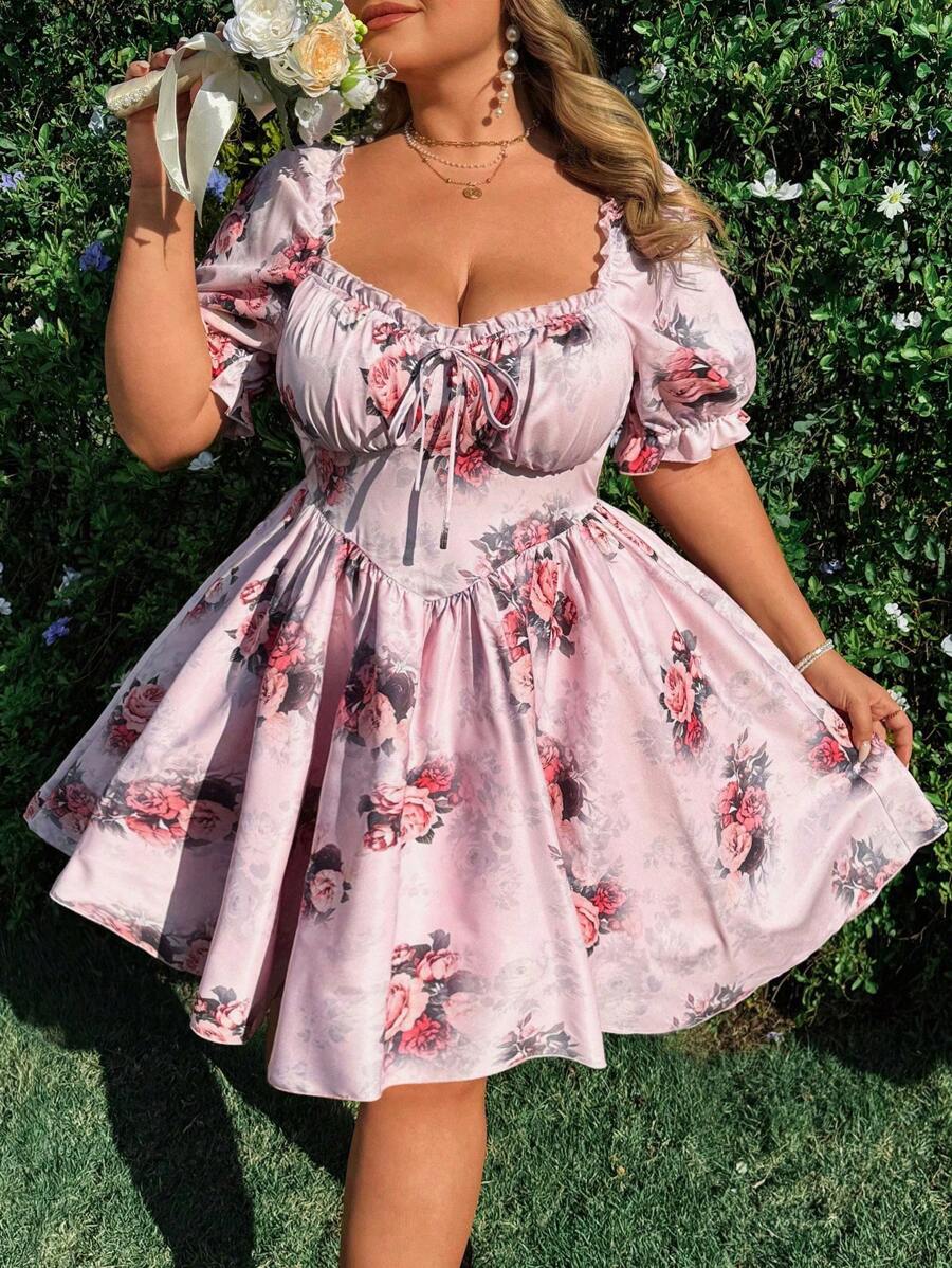 Flirla Plus Size Women Boho Square Neck Bowknot Waist Print Short Sleeve Elegant Vintage Resort Dress, For Summer - Pink - View 1