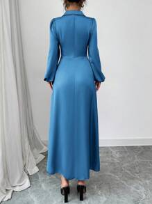 Modelyn Robe élégante à col châle, manches bouffantes et plissée, de couleur unie pour femmes - Bleu azur - Voir 2