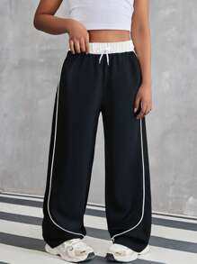 Sparklyn Tween Girl Casual All-Match Street Sports Versatile Black & White Contrast Trim Loose Wide Leg Pants,Holiday,Summer,Travel - Black - View 3