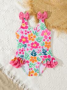 SHEIN 1pc Young Girls Ruffle Trim Printed Swimsuit