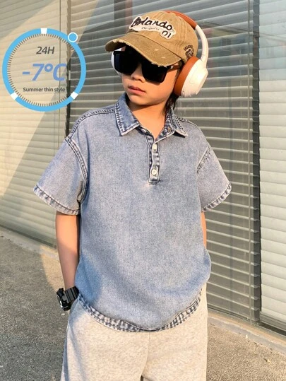 Tween Boy Fashion Casual Vintage Cool Street Loose Comfortable And Refreshing Blue Denim Loose Lapel Half-Opened Short-Sleeved Top For Kids Clothes Tween Boy Dailywear And Kids Spring To Summer Rave Outfits Festival And Outfits Streetwear Clothes