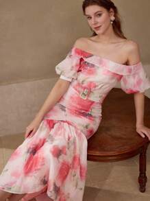 MOTF PREMIUM VESTIDO CON ESTAMPADO FLORAL DE HOMBROS DESCUBIERTOS - Rosa - Ver 2