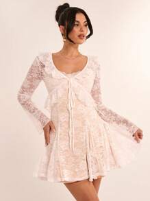 SHEIN BAE 2 Peças/Conjunto Vestido Elegante de Mulher com Recortes de Renda e Cor Sólida, Manga Bufante Romântica, Estilo Princesa Doce, Adequado para Coquetel, Encontro Romântico, Sobreposição de Outono/Inverno, Festa, Reunião Formal, Noite Fora, Vestido de Convidado de Casamento, Halloween, Natal - Branco - Visão 5