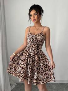 Elenzga Leopard Print Bustier Tie Front A-Line Elegant Romantic Lady Dress - Multicolor - View 1