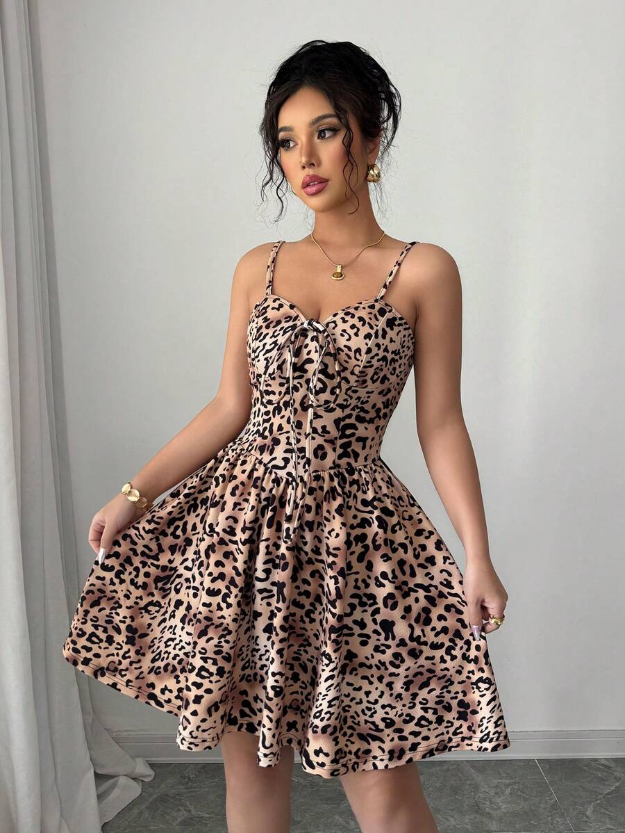 Elenzga Leopard Print Bustier Tie Front A-Line Elegant Romantic Lady Dress - Multicolor - View 1