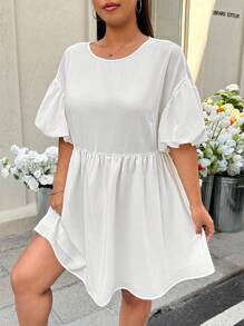 SHEIN EZwear Plus Size Women Beach Vacation,Babydoll,,Brunch Outfits For Women,Graduation,Wedding Guest Dress Women,Casual Round Neck Short Sleeve Ruffled Hem Sun Dress,Spring Summer Clothes