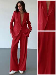 Aloruh Elegant Commuter Suit Set With Slimming Design, Long Jacket In Fall/Winter - Red - View 1