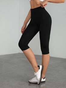 SHEIN Tall 女士针织休闲简约黑色高腰紧身七分打底裤 - 黑色 - 查看 7