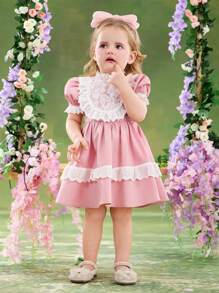 SHEIN Baby Girl Woven Ruffle Puff Sleeve Fitted Dress - Pink - View 6