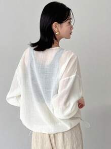 FRIFUL Women's White Loose Linen Blend Jacket, Round Neck Lightweight Long Sleeve Outerwear, Spring & Summer