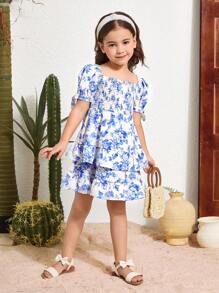 Young Girl Chiffon Ditsy Floral Ruched Puffed Sleeve Snug Fit Casual Dress - Blue - View 4