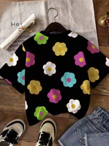 SHEIN Colorful Flower Print Black Tween Girls Casual Simple Short Sleeve Crew Neck T-Shirt, Suitable For Summer - Black - View 3