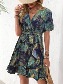 Breezaya Vestido con estampado dálmata, mangas mariposa, volantes, borde envolvente con cinturón para vacaciones y playa para mujeres