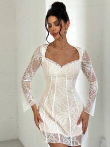 Firerie Romantic Lace Sweetheart Neck Bustier Waist A-Line Bell Sleeve Mini Dress, Elegant Date Outfit, Spring/Summer Fairycore Concert Rave Outfit Women - White - View 6