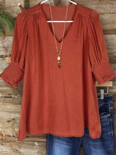 EMERY ROSE Plus Size Bohemian Style 3/4 Sleeve Linen Blend Shirt