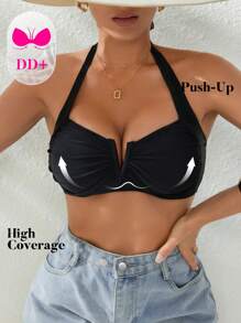 Swim DD+ Áo bikini hở lưng cổ chữ V màu đen cho nữ Spring Break DD, phong cách lễ hội Boho, cho kỳ nghỉ hè ở bãi biển - màu đen - Xem 7
