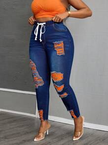 SHEIN SXY Jeans de talla grande de mezclilla desgastados de alta elasticidad con cordón de malla de colores en la cintura, ajuste entallado