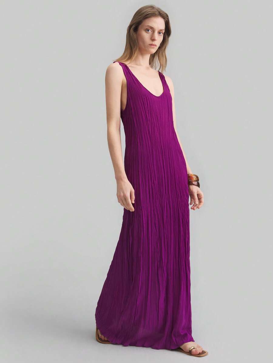 Ontre Purple Bohemian V-Neck Asymmetrical Pleated Loose Sleeveless Dress For Women, Summer - Red Violet - View 1