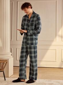 SHEIN EverLounge 2pcs Men's Plaid Single-Breasted Shirt And Pants Casual Pajama Set