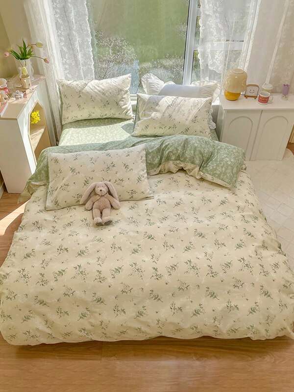 Set de 3 piezas de Juego de funda nórdica con estampado de hojas florales (1 funda nórdica y 2 fundas de almohada) Juego de ropa de cama suave y amigable con la piel para todo el año