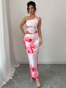 Elenzga 2pcs/Set Floral Print Shoulder Top & Hollowed Waist Skirt