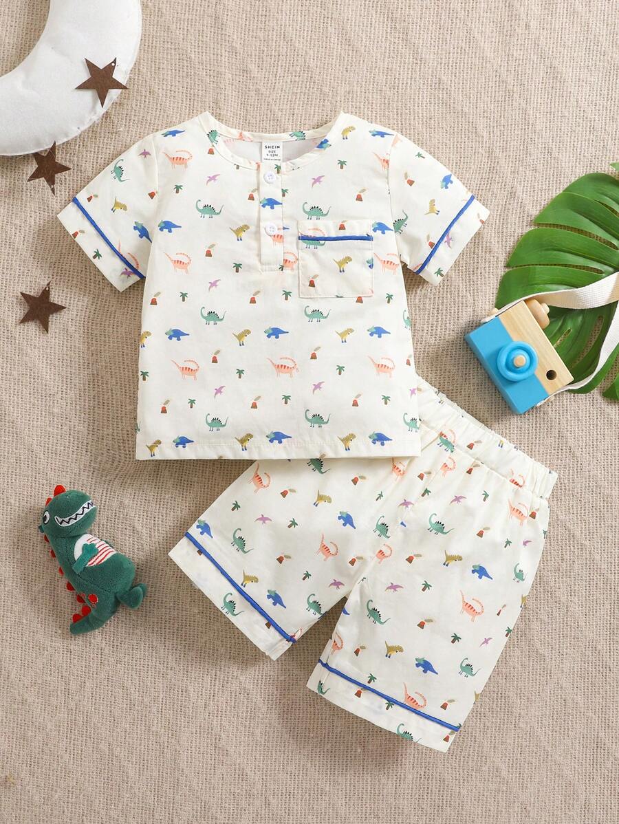 2pcs/Set Baby Boy Cute Animal Print Round Neck Short Sleeve Tee And Shorts Pajama Set, Spring & Summer - Multicolor - View 1