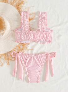 Swim Mod Women's Cute Solid Color Closely Fitted Knot Front Bikini Set, For Summer Beach Vacation - Pink - View 2