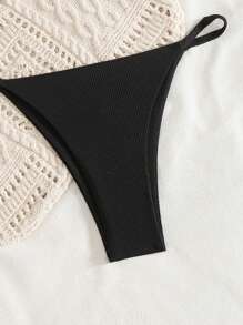 SHEIN Swim Women's Basic Solid Ribbed Triangle Bikini Set, For Summer Beach Vacation - Black - View 3