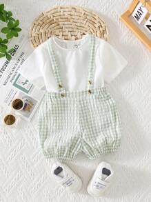 SHEIN 2pcs/Set Baby Boy Peter Pan Collar Short Sleeve Top And Bib Shorts - Mint Green - View 7