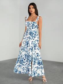 SHEIN Tall Women's Long Dress With High Side Slits, Ruffled Straps, White Background And Blue Flowers For Vacation - Blue - View 5